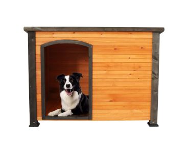 45"Dog House Outdoor and indoor wooden kennel, winter strap with elevated feet, for large dogs, weatherproof, Natural Wood, Black Frame