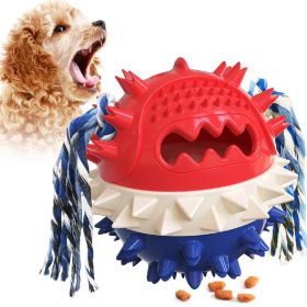 Red White & Blue Pet Chew Toy Interactive Treat Dispenser Squeaks & Bounce Toy with Rope for Aggressive Dog Chewers (Color: Blue)