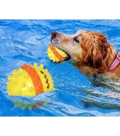 Red White & Blue Pet Chew Toy Interactive Treat Dispenser Squeaks & Bounce Toy with Rope for Aggressive Dog Chewers (Color: Yellow)